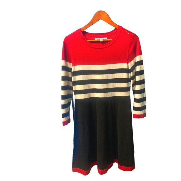 Andrew Marc New York Small Red Black Stripe Knit Dress Mod Revival Parisian Styl - Picture 8 of 11